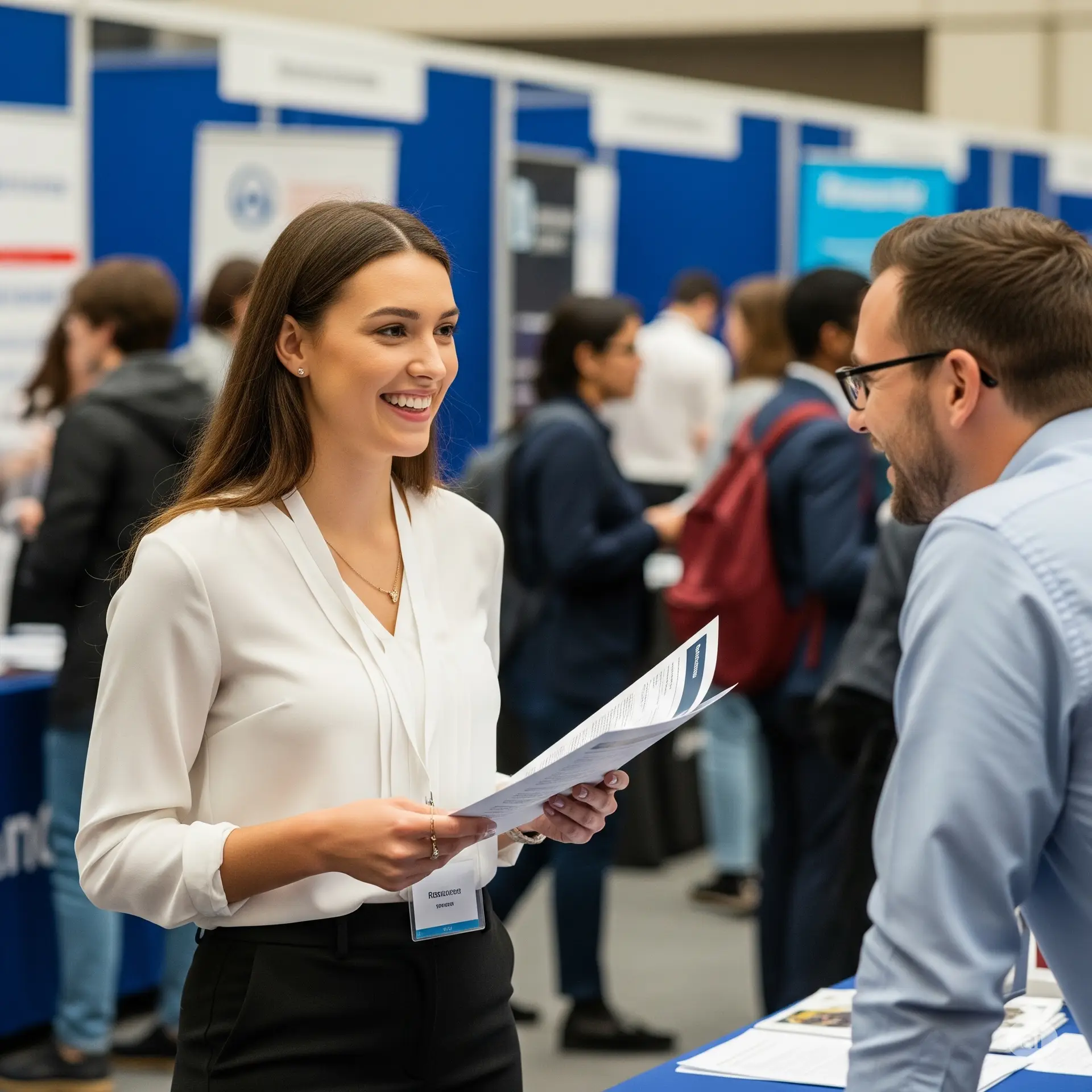 jeune professionnel souriant discutant avec un recruteur lors d'un forum de l'emploi, symbolisant la recherche active de stage.
